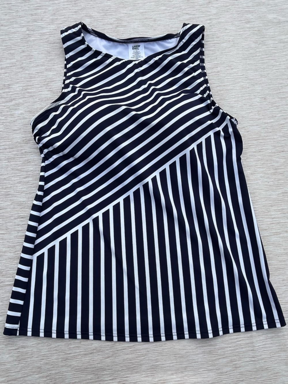 Lands' End Women’s Swimsuit Bathing Suit Navy Striped High Neck Tankini Top 8